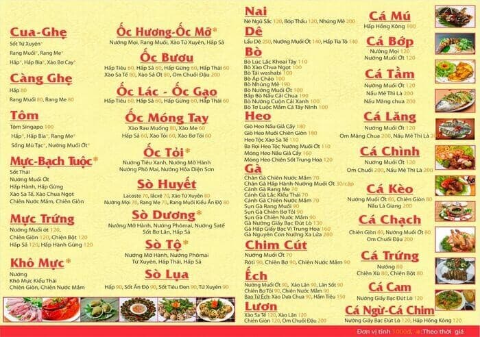 Menu quán ốc vỉa hè đơn giản, đa dạng