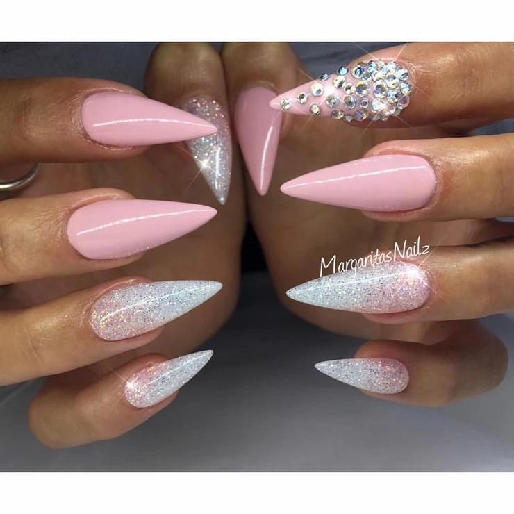 Baby Blue Glitter Chrome Stiletto Nails by MargaritasNailz