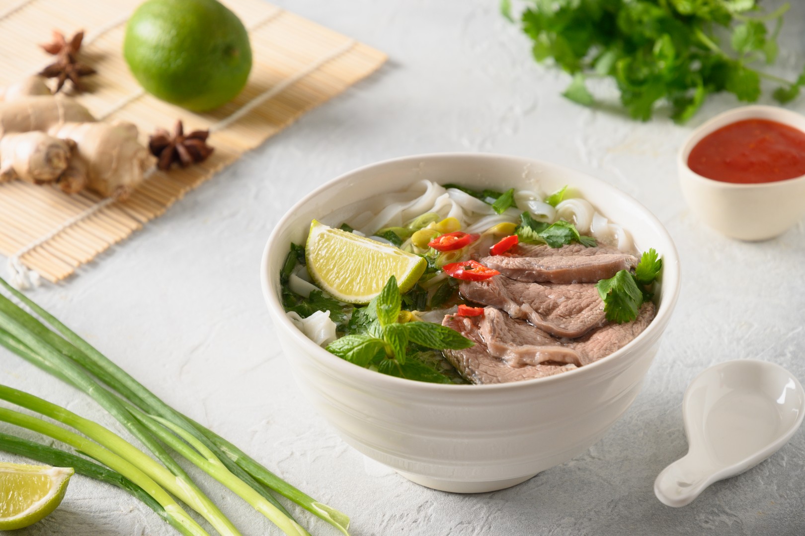 Pho Bo Soup With Beef White Bowl Light Background Vietnamese Cuisine