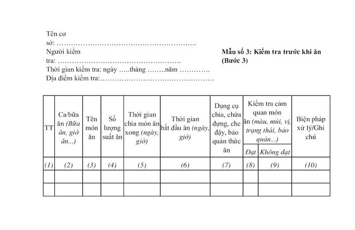 Mẫu sổ kiểm thực 3 bước - Mẫu số 3