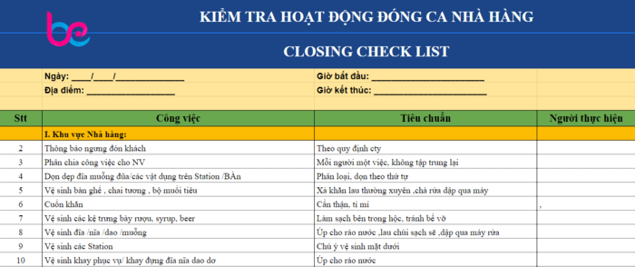 Checklist kiểm tra khu vực Nhà hàng đóng ca cho quản lý ca 