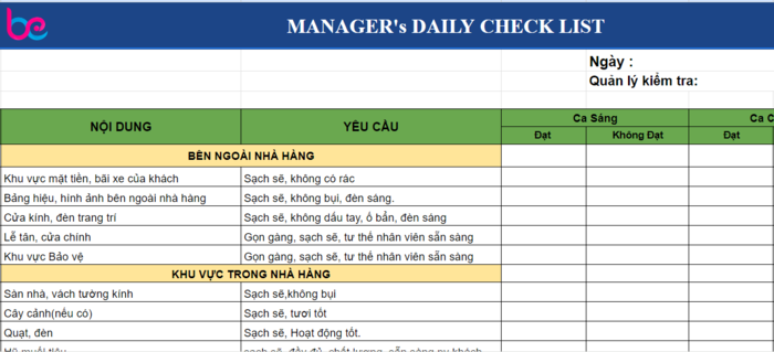 Mẫu checklist quản lý các tiêu chuẩn chung cho quản lý ca nhà hàng trong ngày