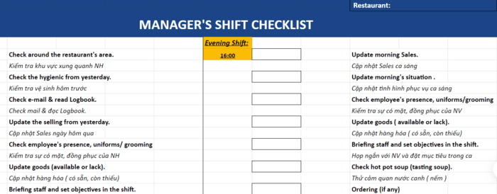Manager Checklist Fastfood cho Quản lý Ca