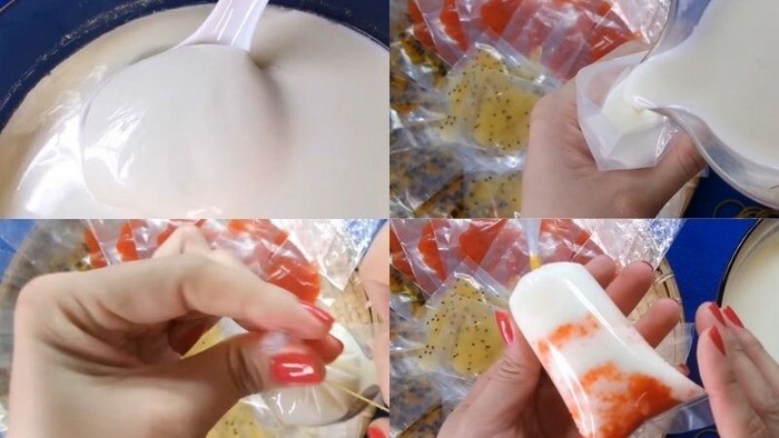 Đổ sữa chua vào túi trái cây