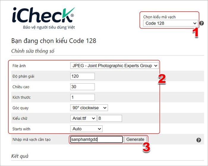 Điền các thông số để tạo mã Barcode 