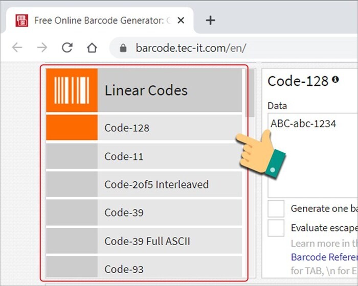 Lựa chọn loại code trên công cụ tạo mã vạch 