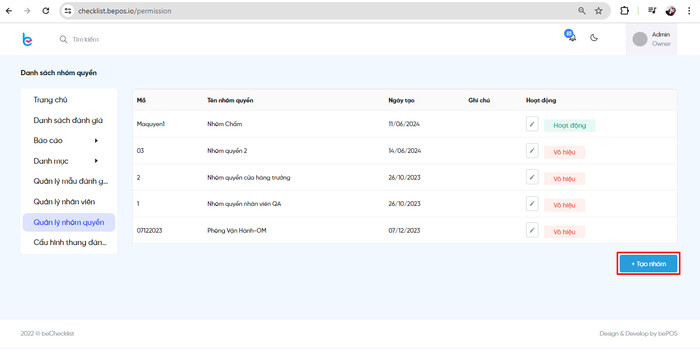 Tạo nhóm ở màn hình quản lý nhóm quyền