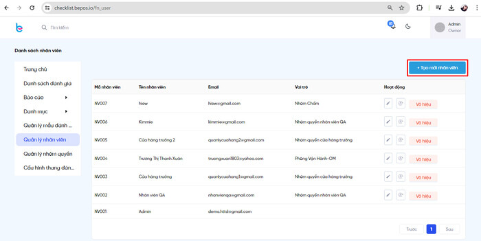 Tạo mới nhân viên tại mục quản lý